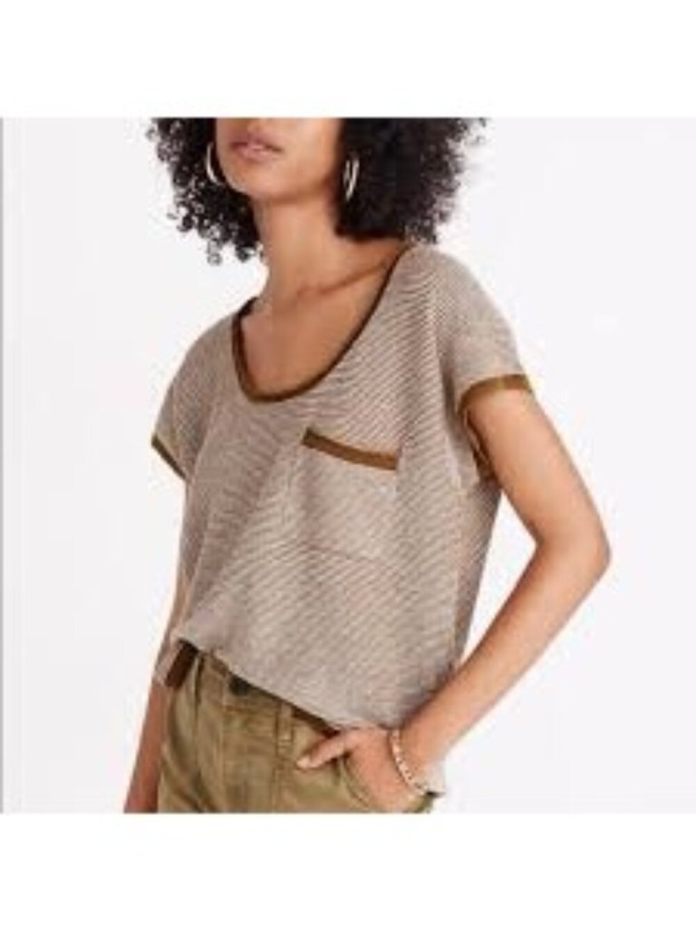 Madewell Watermoor Striped Short-Sleeve Sweater Olive Green Linen Blend Large